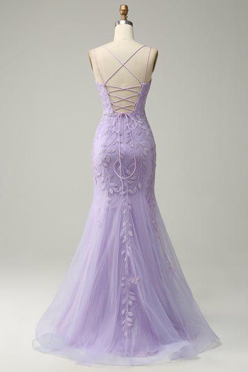 Tirantes de Espagueti Sirena Púrpura Vestido de Fiesta Con Apliques